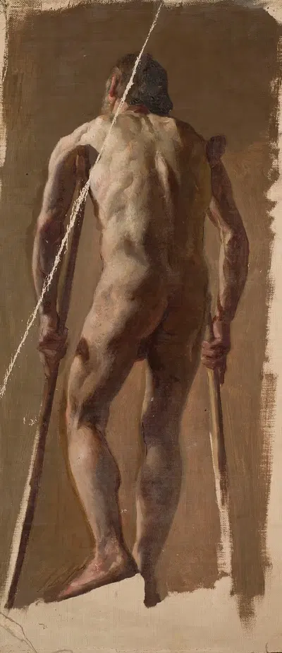 Обнаженный старик, опирающийся на костыли, вид сзади by Казимеж Алхимович, 1873 — digital art print download