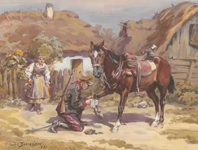 Улан, ухаживающий за лошадью by Станислав Багеньский, 1931 — digital art print download