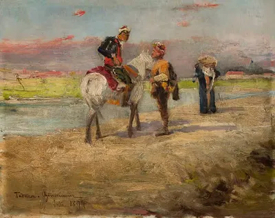 Восточная сцена на фоне пейзажа by Тадеуш Айдукевич, 1894 — digital art print download