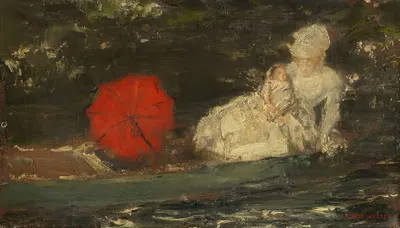 Frau und Kind im Freien mit rotem Parasol by Albert von Keller — digital art print download