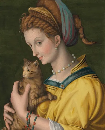 Portrait of a young lady holding a cat by Bacchiacca — digital art print download