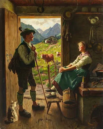 Besuch auf der Alm by Emil Rau, 1880 — digital art print download