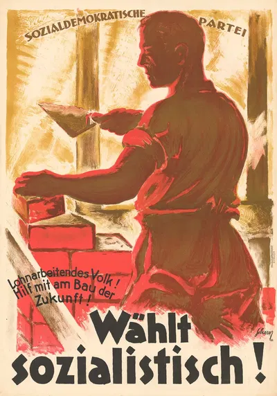 Lohnarbeitendes Volk! Hilf mit am Bau der Zukunft! – Wählt sozialistisch! by Carl Scherer, 1922 — digital art print download