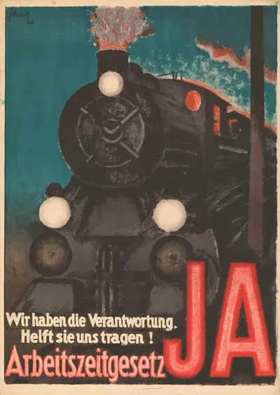 Wir haben die Verantwortung. Helft sie uns tragen! – Arbeitszeitgesetz Ja by Carl Scherer, 1920 — digital art print download