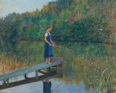 Девушка на причале, ловящая рыбу by Йозеф Энгельхарт, 1925 — digital art print download
