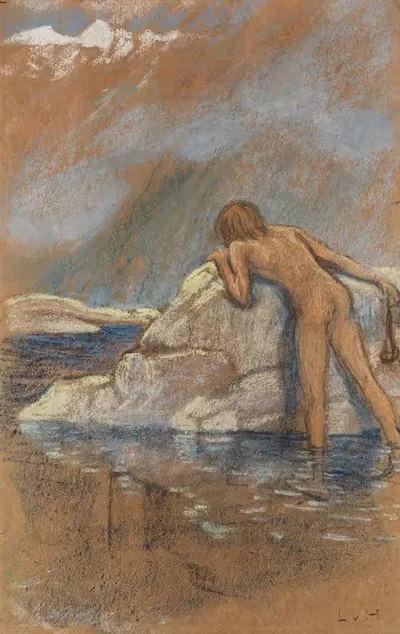 Мальчик-ню, с каменной пращой, охотящийся на сурков by Людвиг фон Хофман — digital art print download