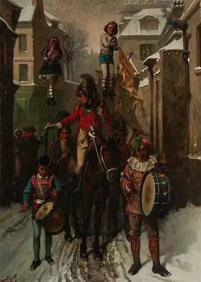 Цирк входит в город в снежный вечер by Пьер-Мари Бейль — digital art print download
