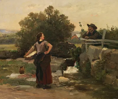 Женщина-стиральщица и мальчик, разговаривающие на берегу ручья by Вацлав Броужик — digital art print download