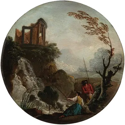 Пара, ловящая рыбу у подножия водопада, с руинами сверху by Шарль-Франсуа Гренье де Лакруа — digital art print download