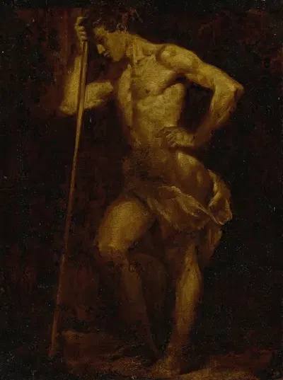 Нагой академический эскиз мужчины с посохом, в бруньяле by Донато Крити — digital art print download