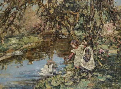 Кормление лебедей by Эдвард Аткинсон Хорнел, 1912 — digital art print download