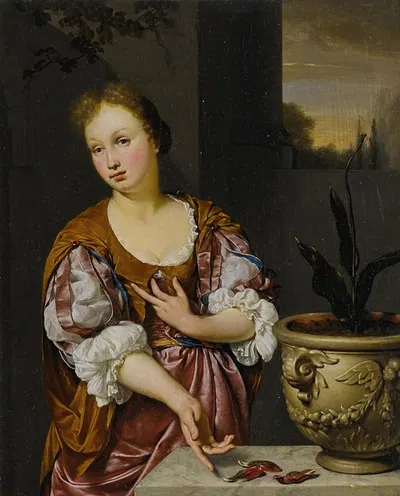 Vanitas portrait of a young woman by Jan Van Mieris, 1687 — digital art print download
