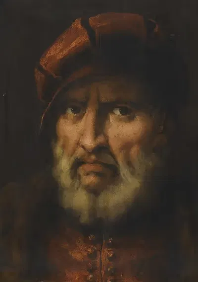 Head Of A Bearded Man, Wearing A Red Cap And Red Shirt by Pietro della Vecchia — digital art print download