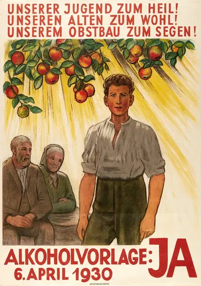 Unserer Jugend zum Heil! Unseren Alten zum Wohl! Unserem Obsbau zum Segen! – Alkohlovorlage; Ja by Эмиль Кардина, 1930 —…