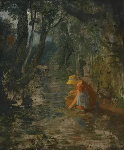 A Girl Collecting Berries By a Brook In a Wooded Landscape by Francis Danby — digital art print download