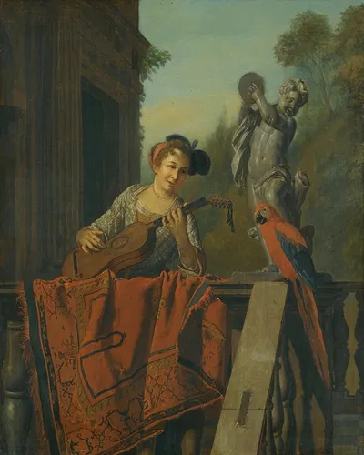 An Elegant Figure Playing A Guitar At a Balustrade With a Macaw by Jan Josef Horemans The Elder — digital art print download
