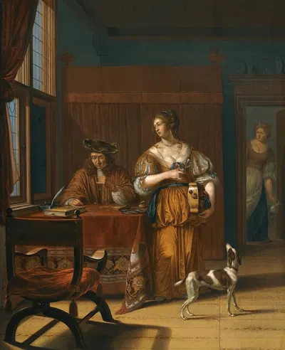 Меняющий деньги by Йохан ван Хенсберген, 1675 — digital art print download
