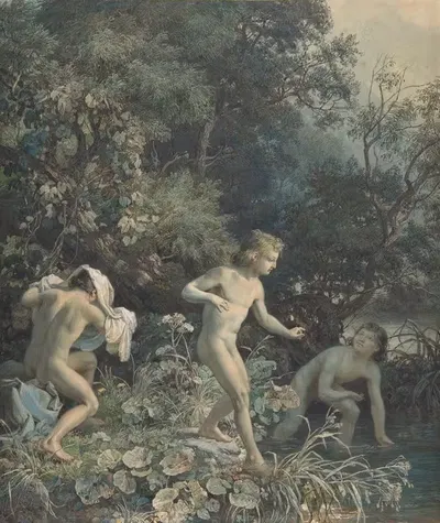 Берег реки с тремя купающимися мальчиками by Кристиан Фридрих Гилле — digital art print download
