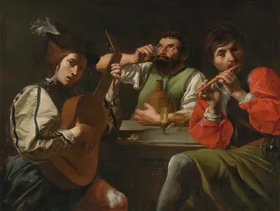 Musicians And Drinkers In An Interior by Follower of Valentin de Boulogne — digital art print download