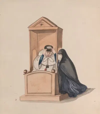 A woman confessing to a priest by Francisco Fierro — digital art print download