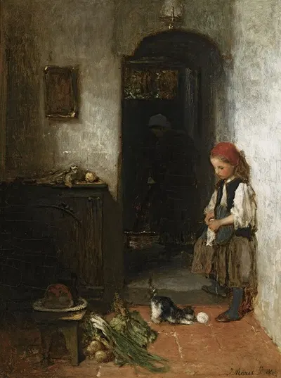 A Girl With A Playing Kitten by Jacob Maris, 1869 — digital art print download