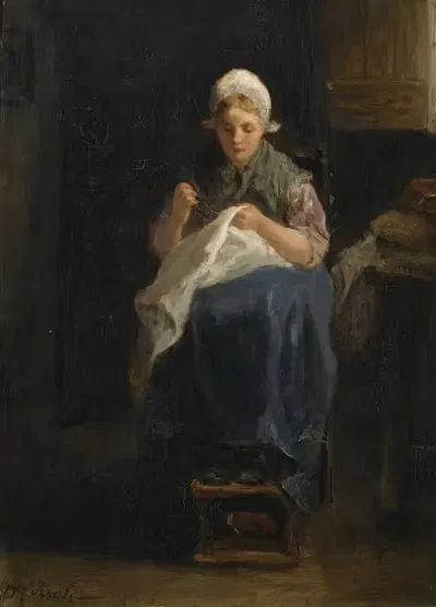 A peasant girl sewing by Jozef Israëls — digital art print download