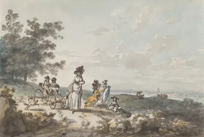 View of London with St. Paul’s in the Distance; Woman and Children with a Baby Carriage by Julius Caesar Ibbetson, 1787 —…