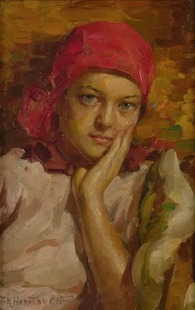 Портрет девушки в красном шарфе by Николай Б. Харитонов — digital art print download