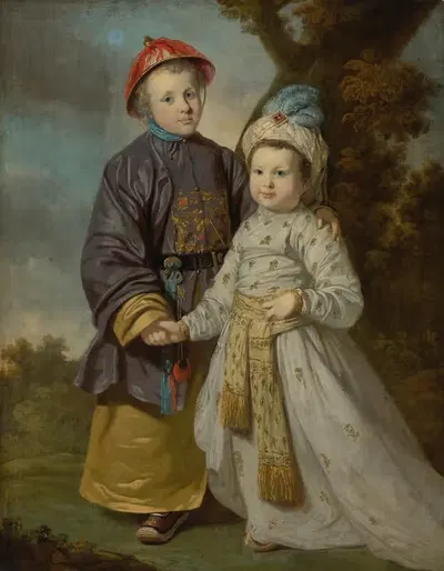 Portrait of two children in eastern costumes by Tilly Kettle — digital art print download
