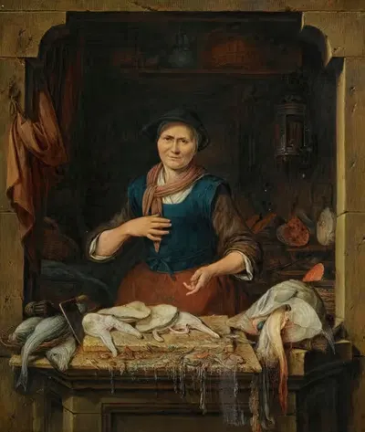An Old Woman At A Window Selling Fish by Gerrit Zegelaar, 1771 — digital art print download