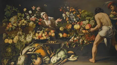 An Interior With Fruits, Vegetables And Flowers Arranged Over A Table And The Floor, With A Woman And Two Men by…