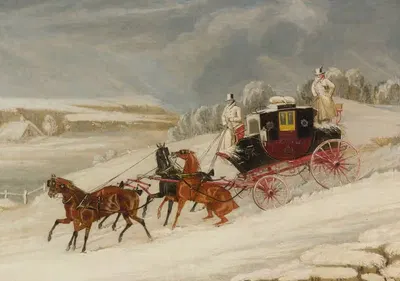 The London-Glasgow Royal Mail Coach Descending A Hill In A Snowstorm by James Pollard — digital art print download