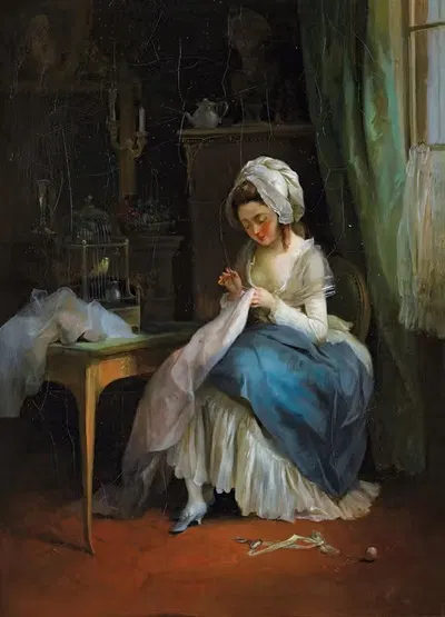 Молодая девушка, вышивающая в интерьере by Жан-Франсуа Гарне — digital art print download
