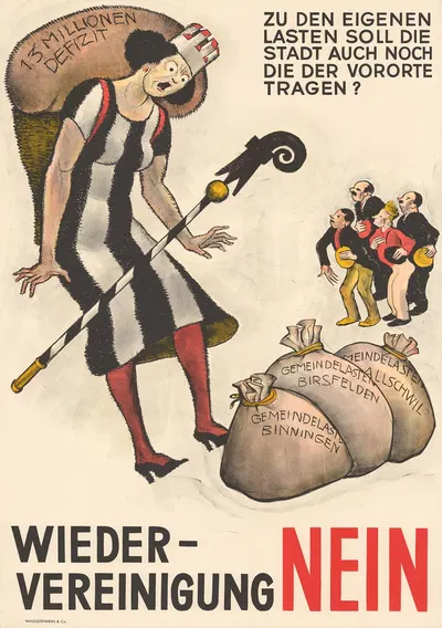 Zu den eigenen Lasten soll die Stadt auch noch die der Vororte tragen – Wiedervereinigung Nein by Otto Plattner, 1936 —…