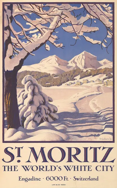 St. Moritz – The World’s White City – Engadine – 6000 Ft. – Switzerland’ by Plinio Colombi, 1929 — digital art print download