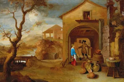 A peasant couple conversing in a farmyard by Gillis Peeters the Elder — digital art print download