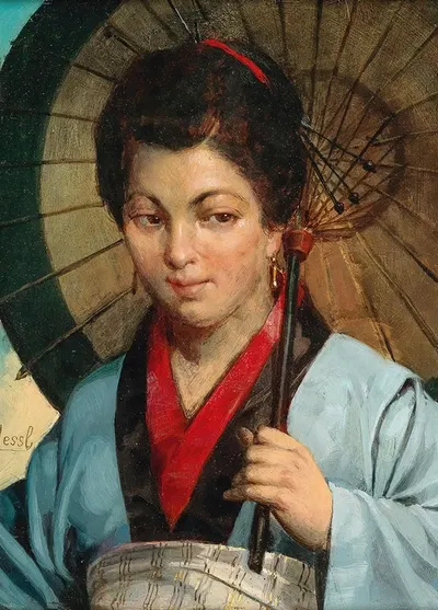 Japanese woman with parasol by Gustav August Hessl — digital art print download