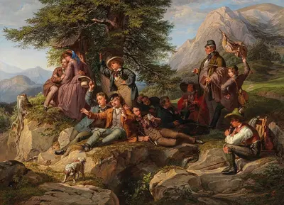 Ausgelassene Rast bei der Wanderung der Studenten by Robert Beyer, 1859 — digital art print download