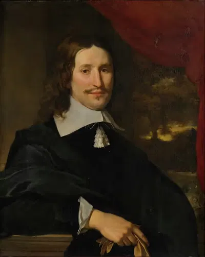 Portrait of a gentleman holding gloves, half-length, before a landscape by Abraham Lambertsz. van den Tempel — digital art…