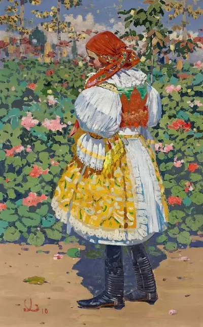 Девушка в традиционном наряде в саду by Йожа Упка, 1910 — digital art print download