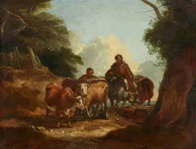 Cowherds with cattle on a dirt road by Thomas Barker Of Bath, 1837 — digital art print download