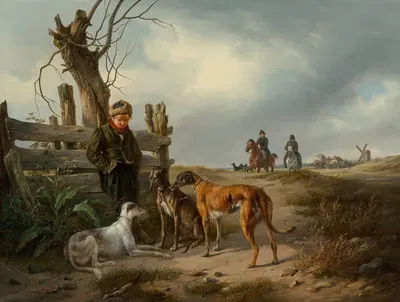 Молодой мальчик, отдыхающий у забора с охотничьими собаками by Карл Фридрих Шульц, 1835 — digital art print download