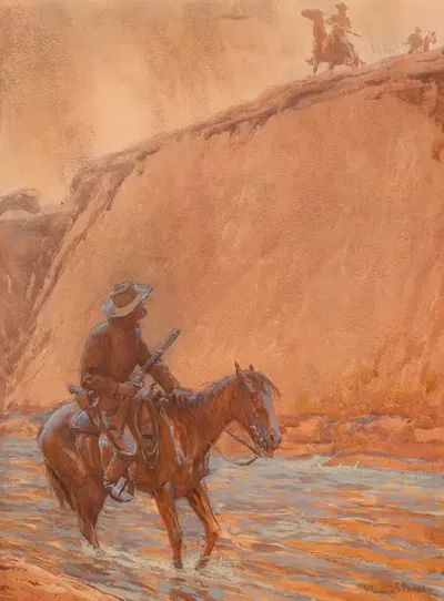 Лошадь беглеца погрузилась в глубокую воду by Мейнард Диксон, 1911 — digital art print download