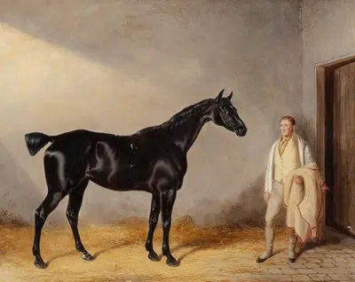 Темно-бурый охотник с конюхом в конюшне by Уильям Барро, 1833 — digital art print download