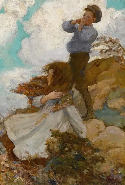 Два ребенка на ветреном холме by Круг Джесси Уилкокс Смит, 1915 — digital art print download