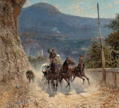Horses and Travelers Ascending an Italian Mountain Road by Francesco Mancini, 1881 — digital art print download