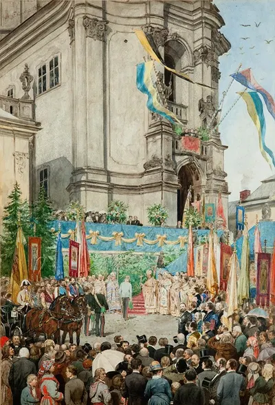 'The Emperor Welcomed in Front of te Cathedral of Saint George in Lviv' by Antoni Kozakiewicz, 1881 — digital art print…