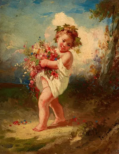 Child Carrying Flowers by François-Louis Lanfant De Metz, 1850 — digital art print download
