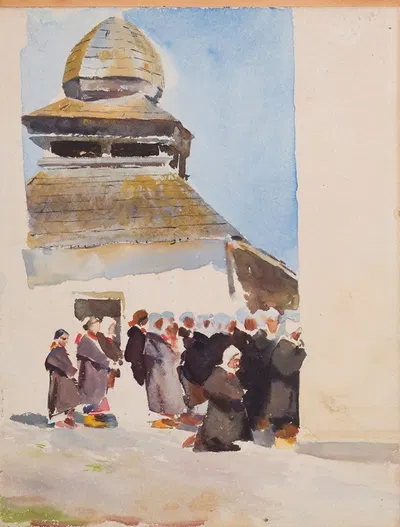 Перед церковью – эскиз к картине "Церковь на Покутии by Юлиан Фалат, 1896 — digital art print download