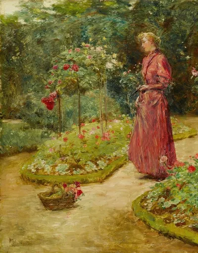 Woman Cutting Roses in a Garden by Childe Hassam — digital art print download